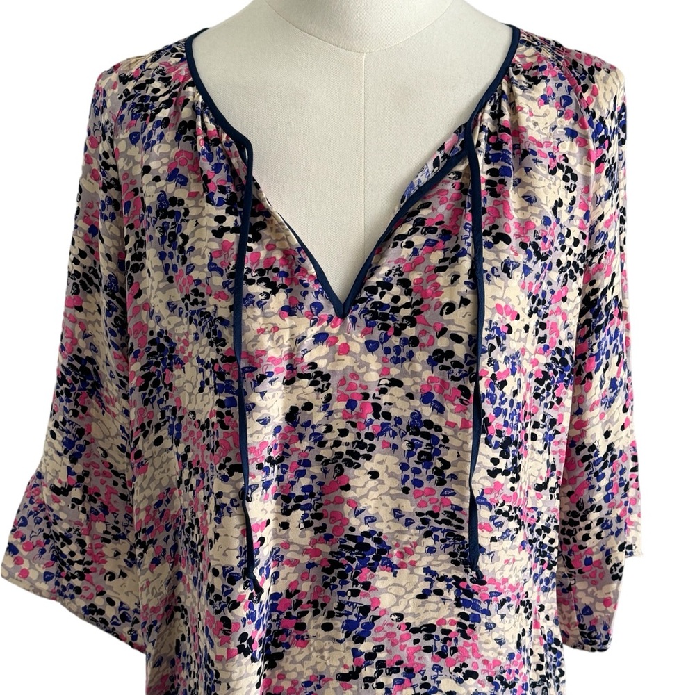 YUMI KIM Pink Blue Print 100%‎ Silk Top Blouse Shirt size S Flowy 3/4 Sleeve
